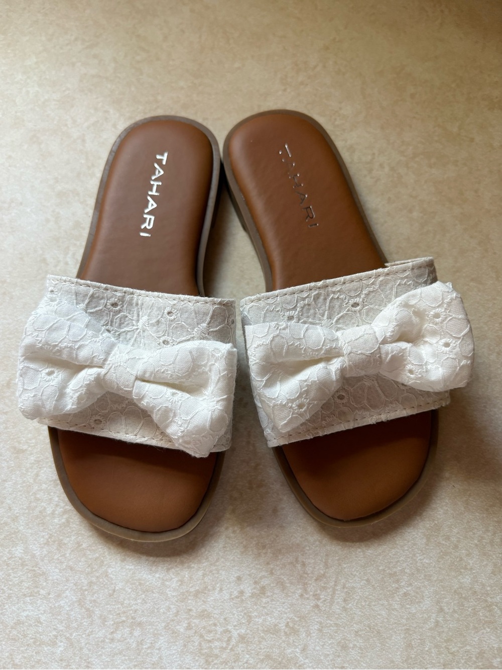 Tahari Cream Lace Bow Slide Sandals